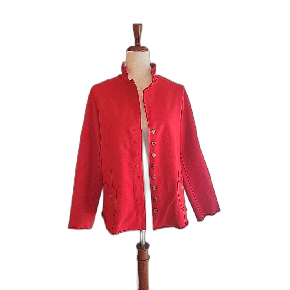 White Lotus Jersey Stretch Blazer Rolled Hem‎ Pockets Wood Metal Buttons Small